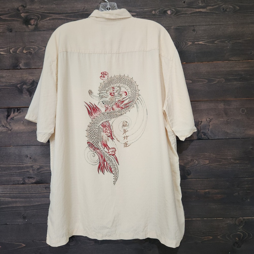 Tori Richard 100% Silk Hawaiian Shirt Mens XL Cream Asian Dragon Button Up FLAWS